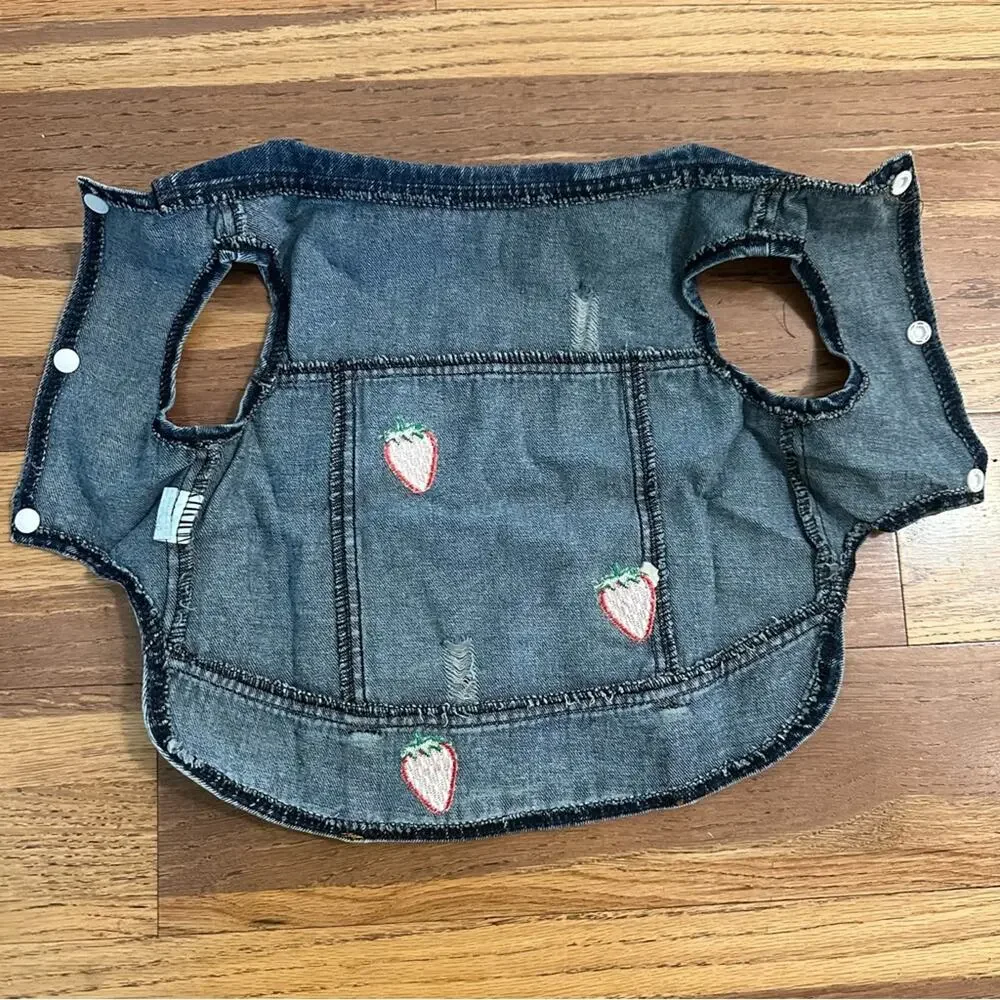 Dog Denim Jacket, Embroidered Strawberries,‎ Distressing, Pet, Snap Buttons, XL
